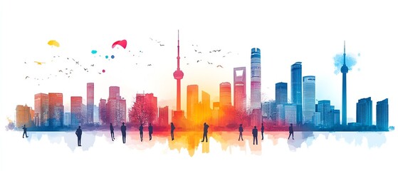 Global business team brainstorming in a modern city, urban skyline, teamwork, international collaboration, business strategy development