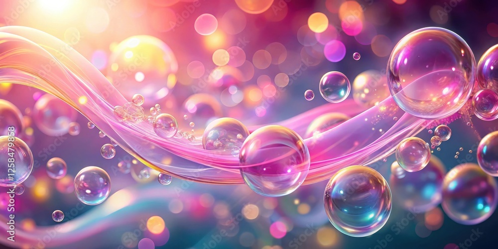 Poster abstract iridescent bubbles floating on a pink wave with bokeh lights