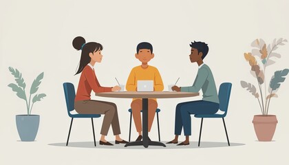 Collaborative discussion among peers office illustration modern workspace eye-level teamwork