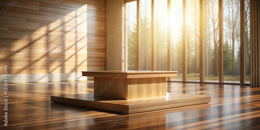 Poster sunlit wooden display platform in modern room with large windows