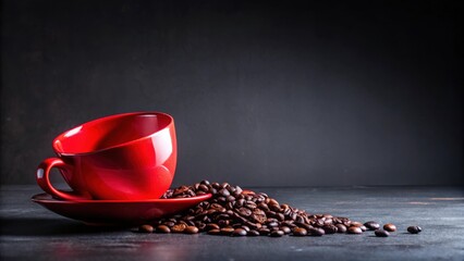 A vibrant red coffee cup and saucer with a spill of roasted coffee beans on a dark surface