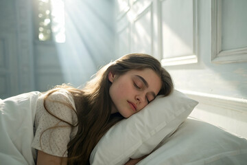 Woman Sleeping In Bed Under Natural Light At Home During Morning Time With