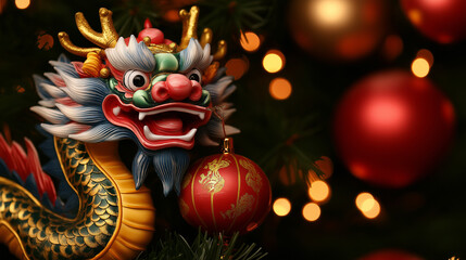 Dragon Ornament: A colorful, vibrant dragon ornament on a Christmas tree, surrounded by festive red and gold baubles, represents the fusion of traditions and cultures in a festive setting.