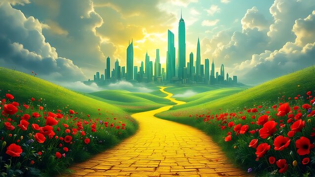Yellow brick road leading through poppy field to green emerald city in the distance. Wizard of Oz concept.