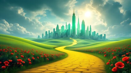 Yellow brick road leading through poppy field to green emerald city in the distance. Wizard of Oz concept.