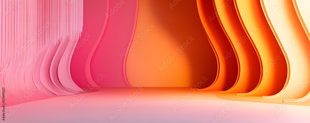 Poster abstract 3d render of colorful wavy walls and pink curtains in a studio setting