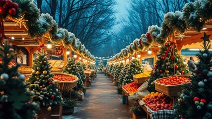 Obraz premium Festive Holiday Market with Christmas Trees and Winter Fruits, cozy atmosphere, festive decorations, christmas trees