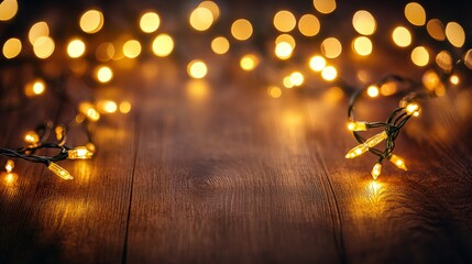 Obraz premium Golden bokeh lights scattered on a dark brown background, generative ai