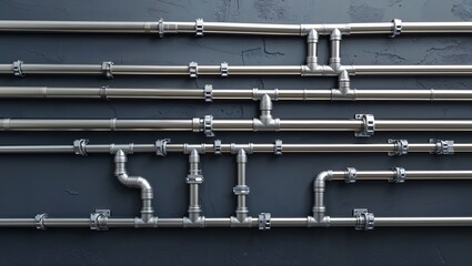 Shiny silver piping system with joints on a dark grey textured wall abstract design
