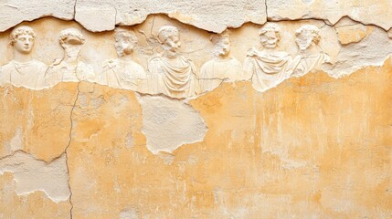 A softly aged fresco wall background in warm ochre with barely visible historic figures