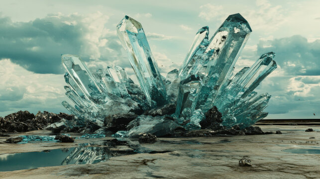 Large crystalline structure rises from a muddy landscape under a cloudy sky in a remote location