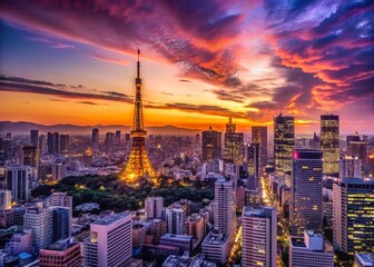 Obraz premium Tokyo Skyline Silhouette Purple Twilight Sky - Dramatic Cityscape Stock Photo