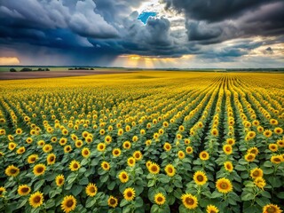 Obraz premium Aerial View of Sunflowers Field, Gray Sky, Drone Photography, Summer Landscape