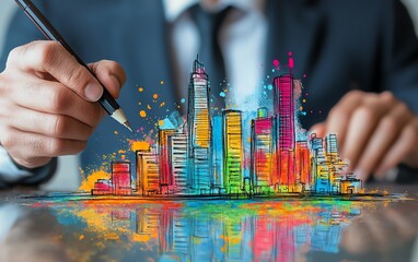 Man in business attire drawing a colorful city development sketch on glass, city growth, urban infrastructure plans, local development concept