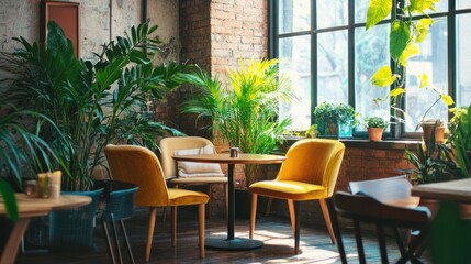 Sunlit cafe corner with yellow chairs, plants, and a small table.