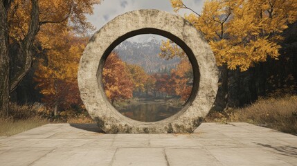 Stone circle frame showcasing an autumnal landscape.  The warm colors of the season contrast beautifully with the cool gray stone.