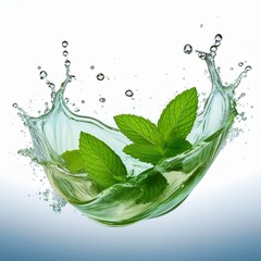 3d water splash with green tea or mint leaves isolated on transparent background png render.
Generated image