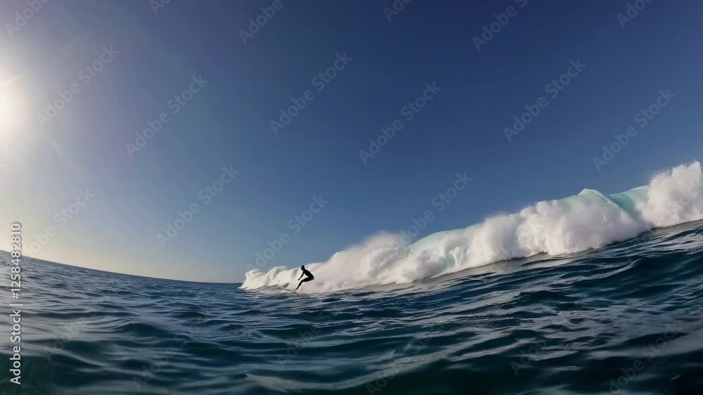 Poster dynamic surfing video capturing a surfer riding a powerful wave, showcasing thrilling action and ene