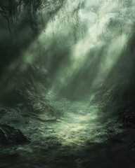 A mysterious underwater scene with dark green water and rays of light shining through the mist, creating an eerie atmosphere