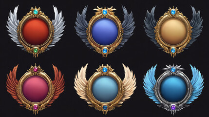 Cartoon set of round avatar frames isolated on background. Vector illustration of simple and decorated with wings golden, silver, bronze, different color circles. Game user interface design elements