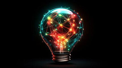 Illuminated Ideas: A vibrant, colorful lightbulb filled with interconnected nodes of light, symbolizing innovation, connection, and brilliant ideas against a dark background. 