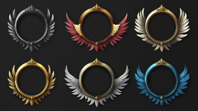 Cartoon set of round avatar frames isolated on background. Vector illustration of simple and decorated with wings golden, silver, bronze, different color circles. Game user interface design elements