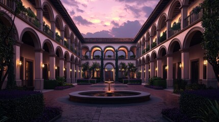 Serene Courtyard with Fountain at Dusk in Elegant Architecture