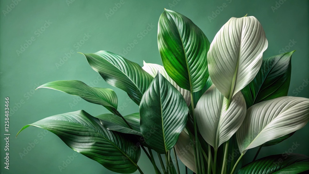 Poster Lush Green Foliage Displaying Vibrant Leaf Texture and Color Variations Against a Deep Green Background
