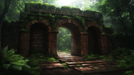 Obraz premium Ancient stone archway, overgrown with lush green vegetation, leads to a mysterious path into a dense forest. A sense of mystery and wonder fills the scene.