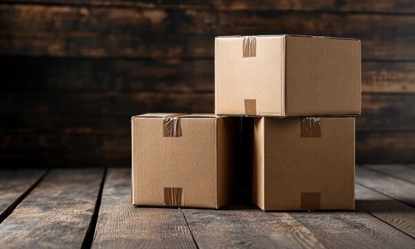 This image features three stacked cardboard boxes resting on a rustic wooden surface, emphasizing simplicity and utility in packaging and storage solutions effectively.