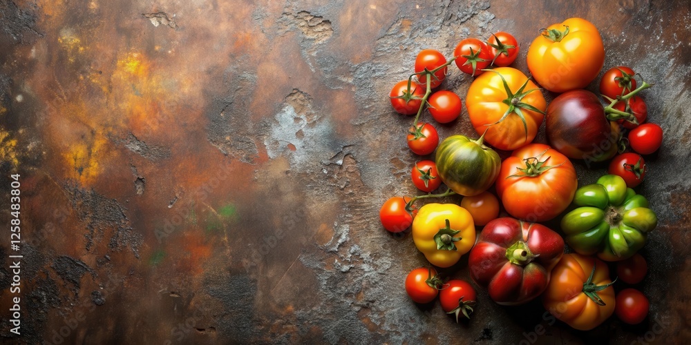 Poster A Colorful Assortment of Heirloom Tomatoes and Peppers on a Rustic Background