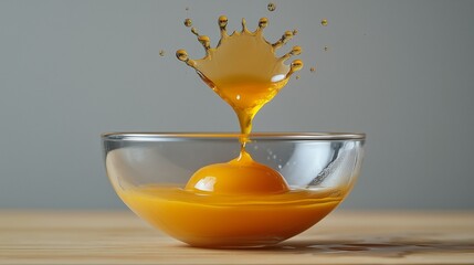 A close-up of an egg being cracked, with its vibrant golden yolk spilling into a glass bowl set on a wooden countertop, highlighting the cooking process in a bright kitchen