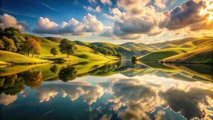 Serene Sunset Reflection on a Calm Lake Surrounded by Rolling Green Hills and Lush Trees