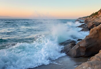Fototapeta premium Ocean Waves Crashing on Rocky Coast at Dawn