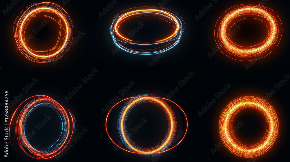 Poster neon ring set - glowing white circular frames with varying lined patterns. luminous geometric shapes