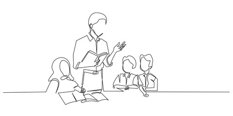 continuous line of teaching and learning activities.one line drawing of male teacher teaching in class surrounded by students.single line vector illustration.isolated white background
