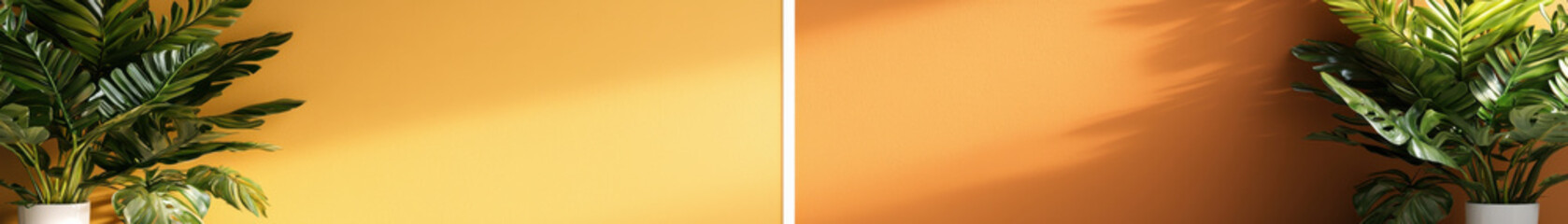 Fototapeta premium Split screen of vibrant yellow and orange walls with plants