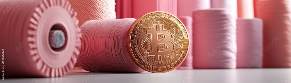 Poster a close-up of pink spools of thread lined up beside a golden coin, creating a visually appealing con