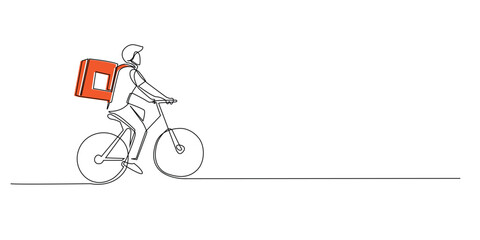 continuous line of food courier with bicycle.one line drawing of food delivery person with backpack and bicycle.single line vector illustration