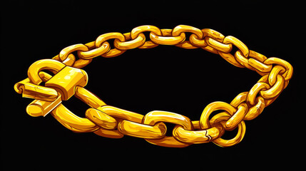 Obraz premium Golden chains with whole and broken links, gold bob and padlock, connected yellow metal rings. Heavy decorative or jewelry elements, bracelets isolated on black background Cartoon vector illustration