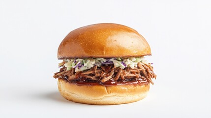 Tender pulled pork piled high on soft bun, topped with creamy co