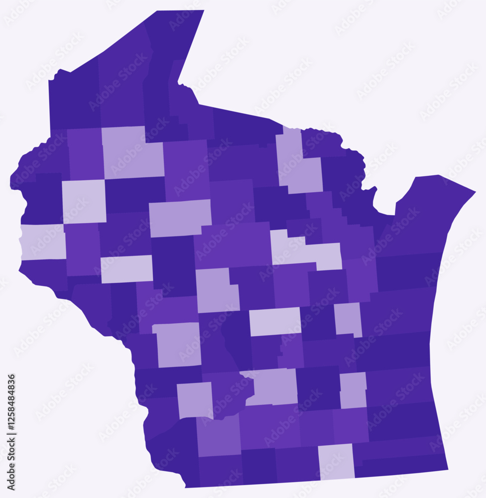 Poster map of wisconsin with counties. just a simple state border map with county division. deep purple col