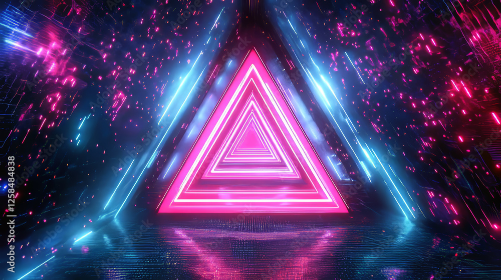 Poster triangular light tunnel background for disco party. abstract cyber glow design with perspective tria