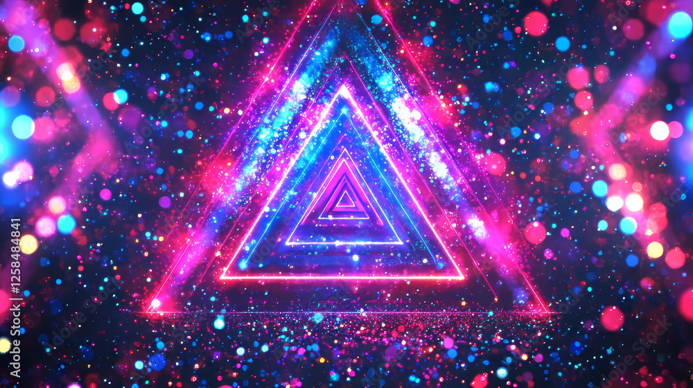 Poster triangular light tunnel background for disco party. abstract cyber glow design with perspective tria