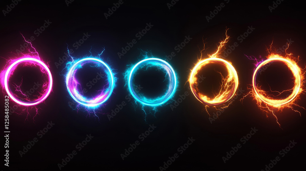 Poster round lightning frames set isolated on black background. vector realistic illustration of circular t