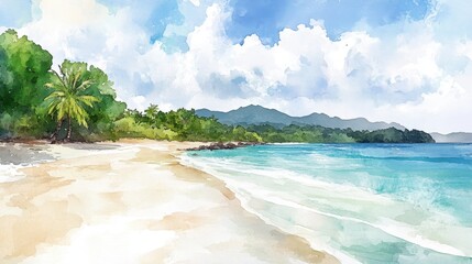 Idyllic watercolor landscape showcasing a vibrant tropical beach