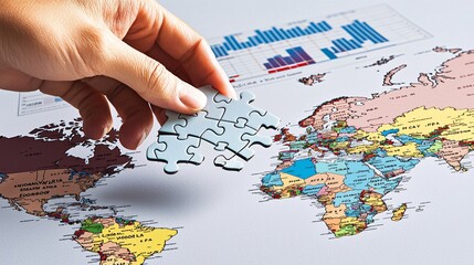 detailed illustration of a hand placing a puzzle piece of China into a world map, with economic graphs and trade routes in the background, isolated on white China and the World Economy [China]:[Econom