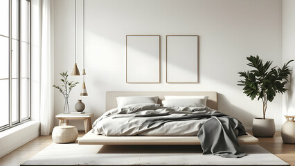Calming Bedroom: A minimalist bedroom with a low platform bed, neutral bedding, and a few geometric art pieces.