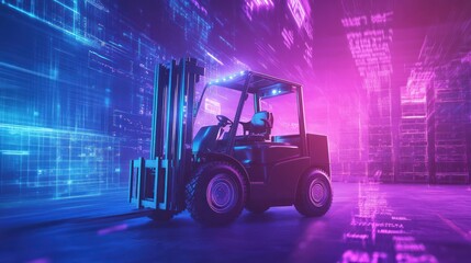 Futuristic forklift in digital warehouse.