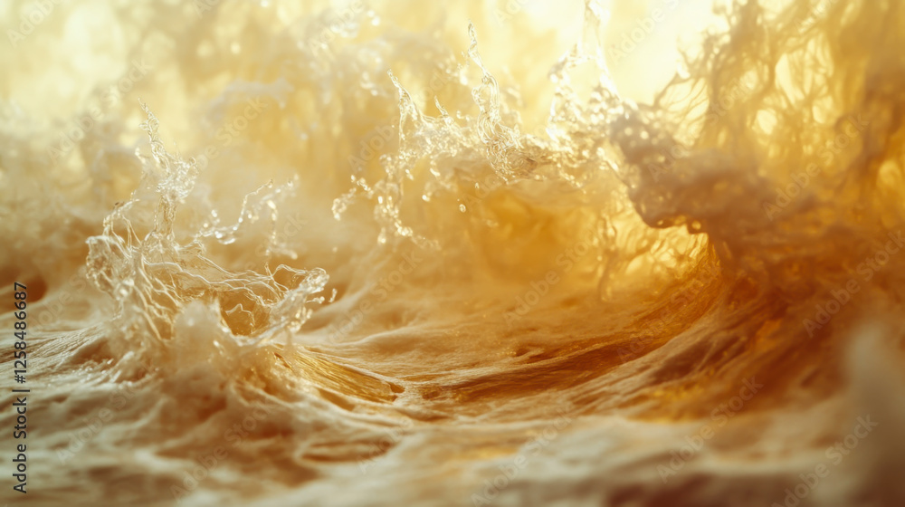 Aufkleber bubbles and foam create a dynamic surface texture in amber liquid under bright light